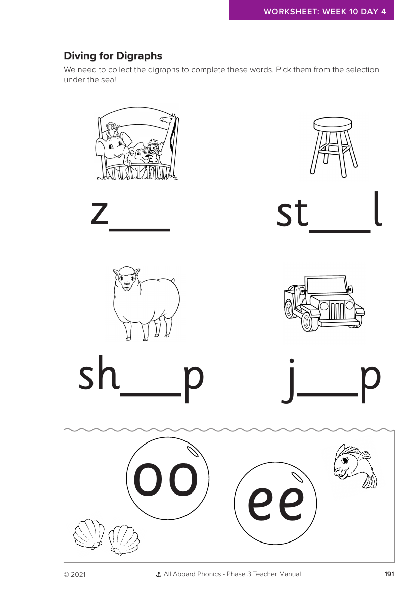 Week 10, lesson 4 Diving for Diagraphs writing activity - Phonics Phase 3,  - Worksheet