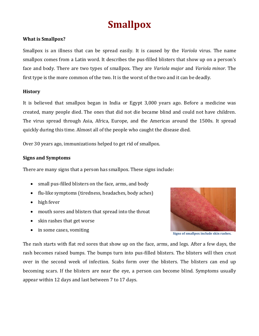 Smallpox - Reading with Comprehension Questions