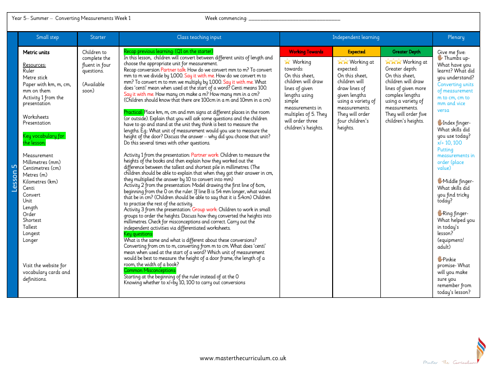 Converting Units - Metric Units - Planning