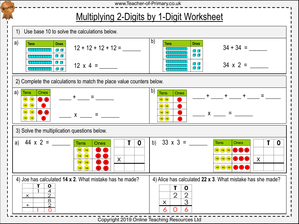 Introducing Multiplying 2 Digits by 1 Digit Worksheet Maths Year 3