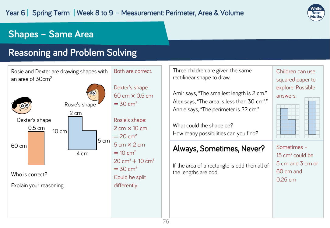Shapes â€“ Same Area: Reasoning and Problem Solving
