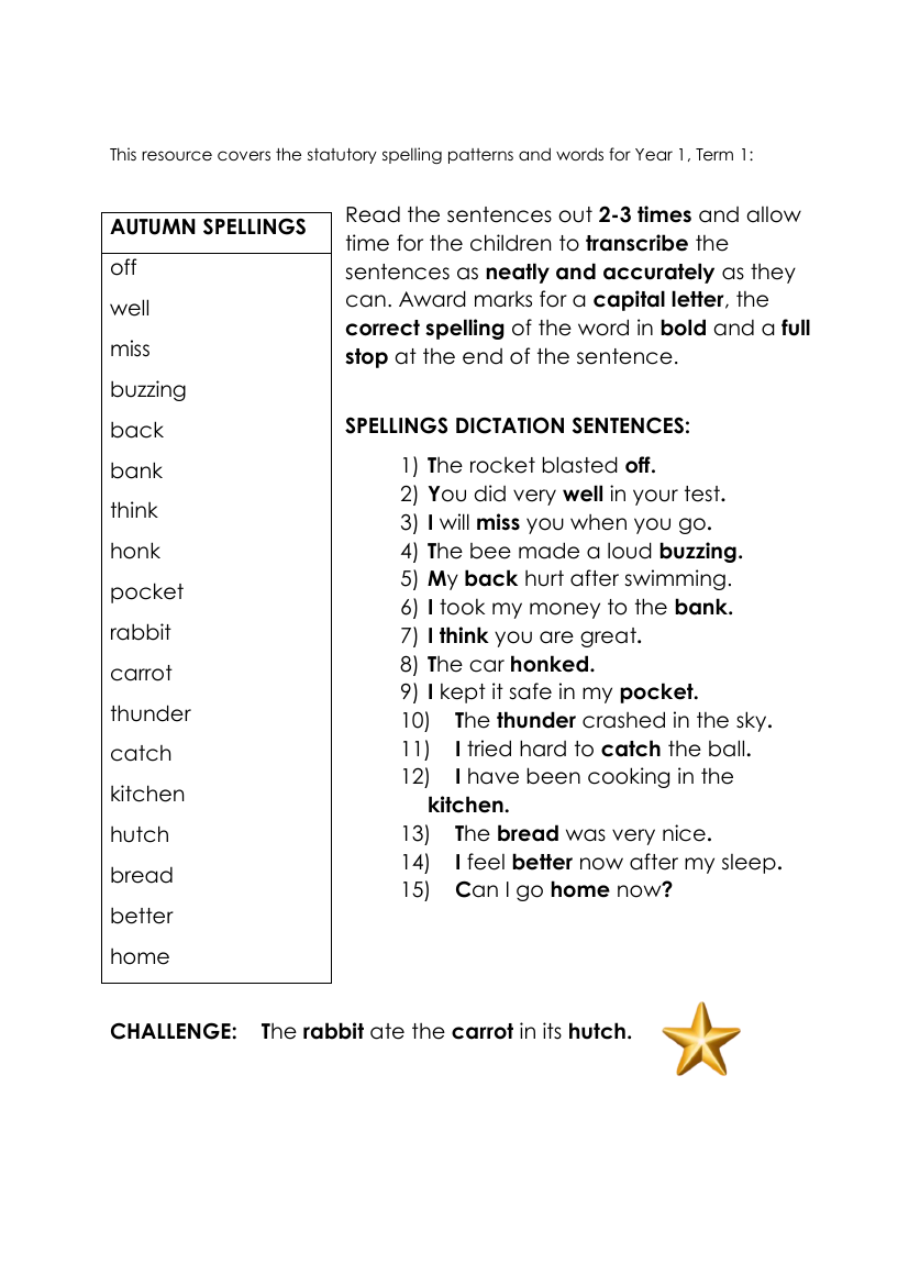 Year 1 Autumn Term Spellings - Worksheet