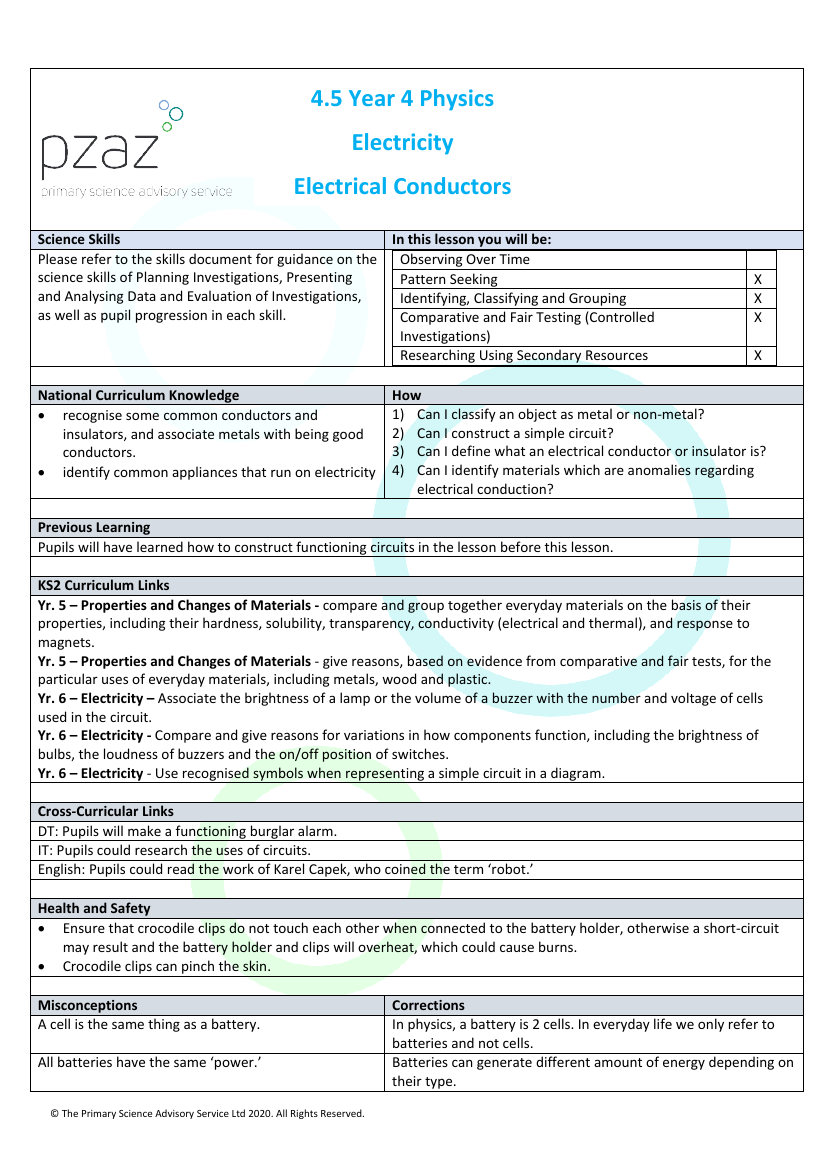 Electrical Conductors - Lesson Plan