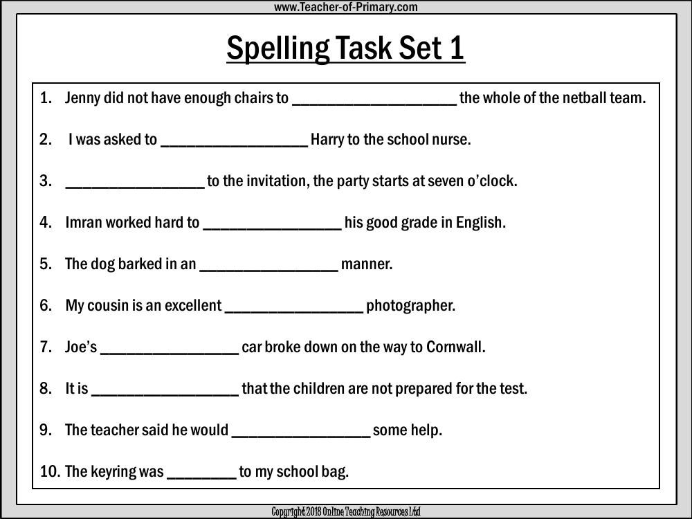 Spellings - Set 1 Worksheet