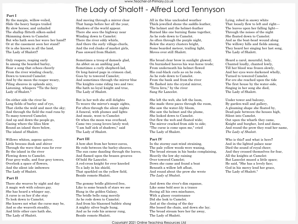 The Lady of Shalott - Poem (1 page) Worksheet