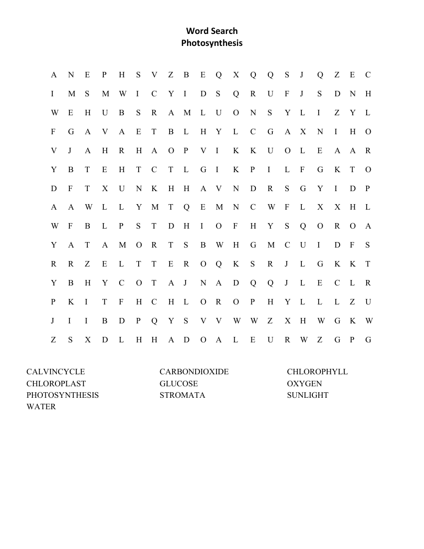 Photosynthesis - Word Search