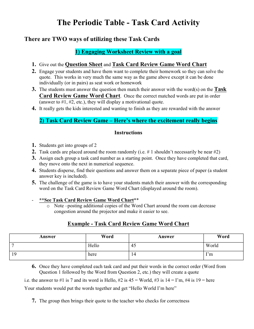 The Periodic Table - Task Cards Activity