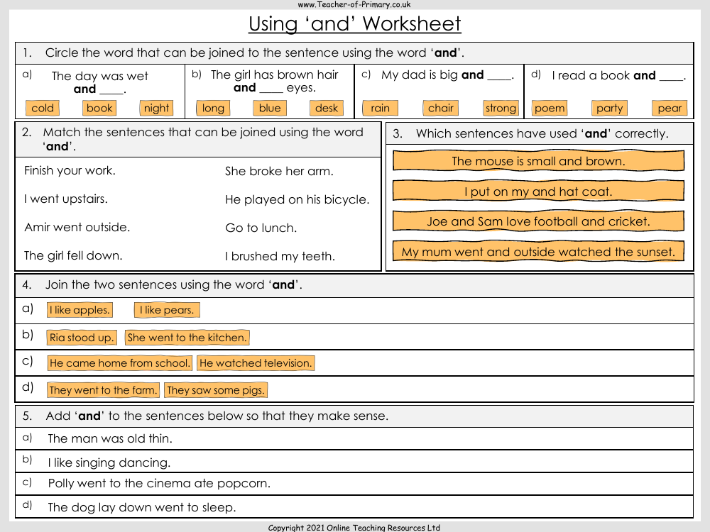 Using 'and' - Worksheet
