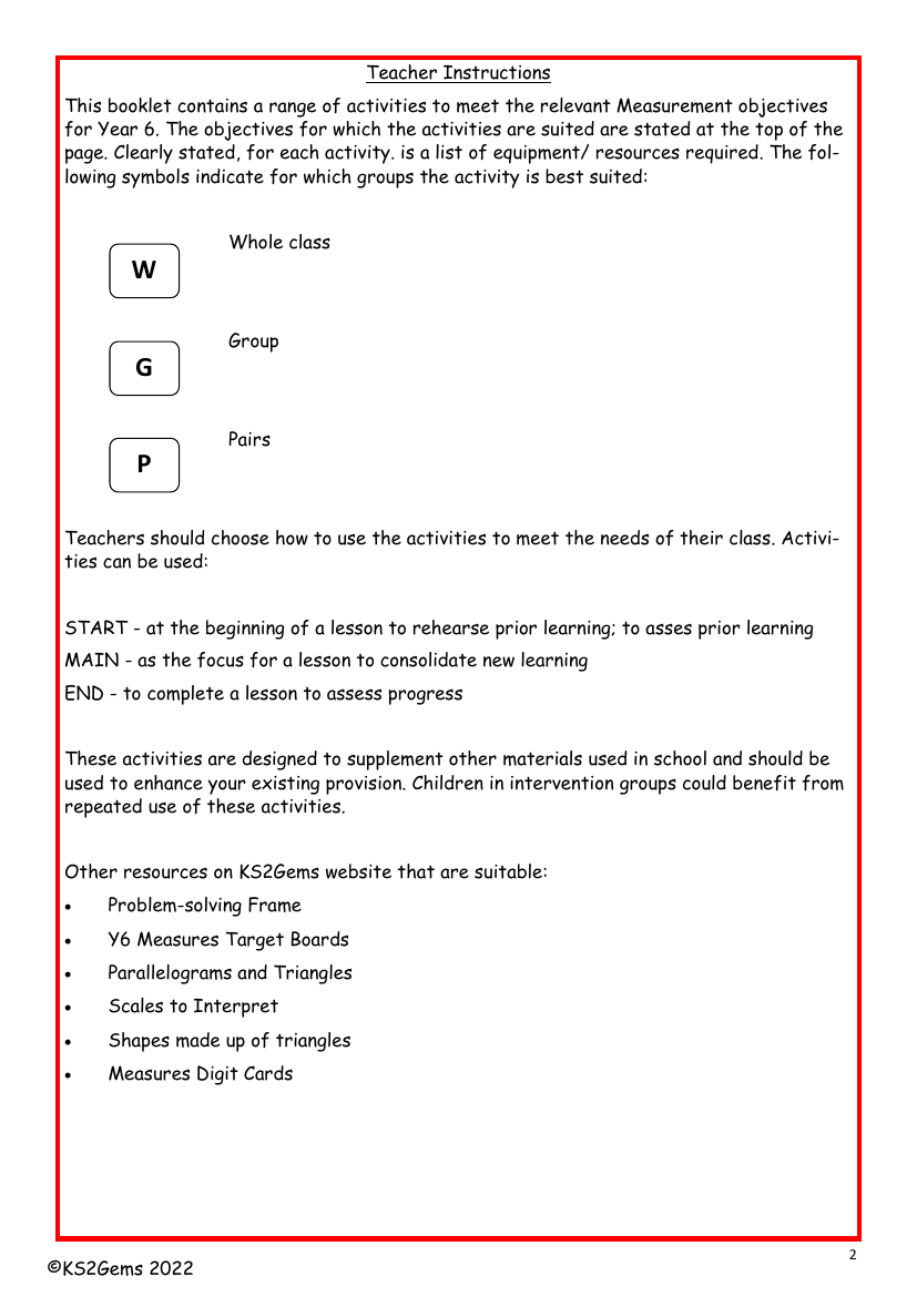 Measurement teacher instructions