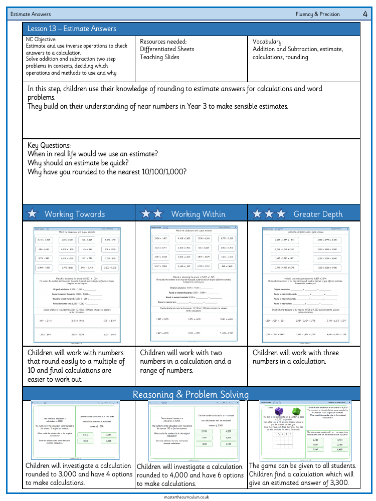 Addition and Subtraction - Estimate answers - Worksheet