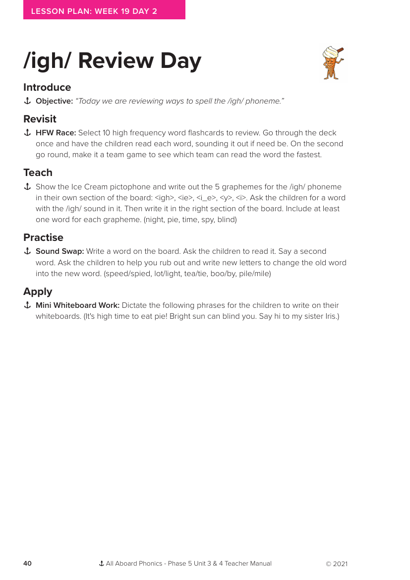 Week 19, lesson 2 Review day  "igh" - Phonics Phase 5, unit 3 - Lesson plan