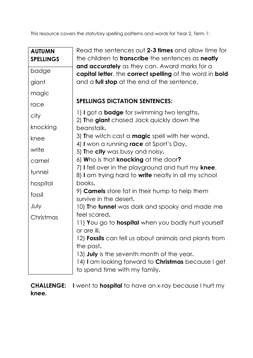 Year 2 Autumn Term Spellings - Worksheet