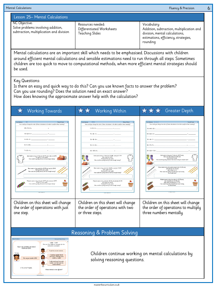 Addition, Subtraction, Multiplication and Division - Mental calculations - Worksheet