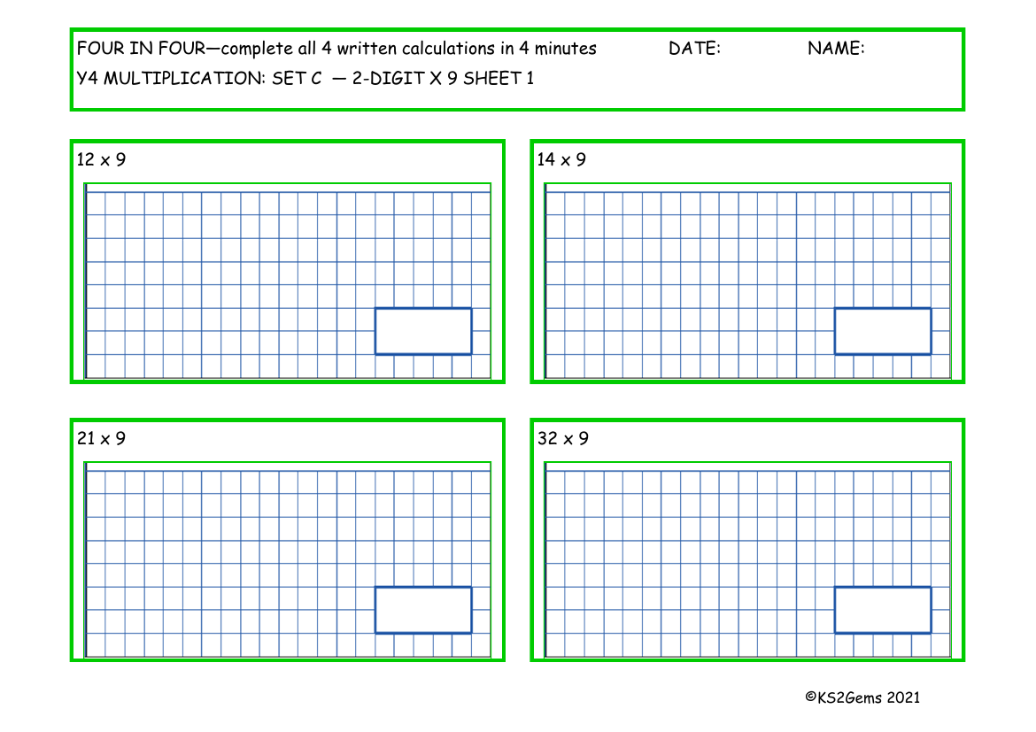 Four in Four -  Multiplication Set C 2 digit number x 9