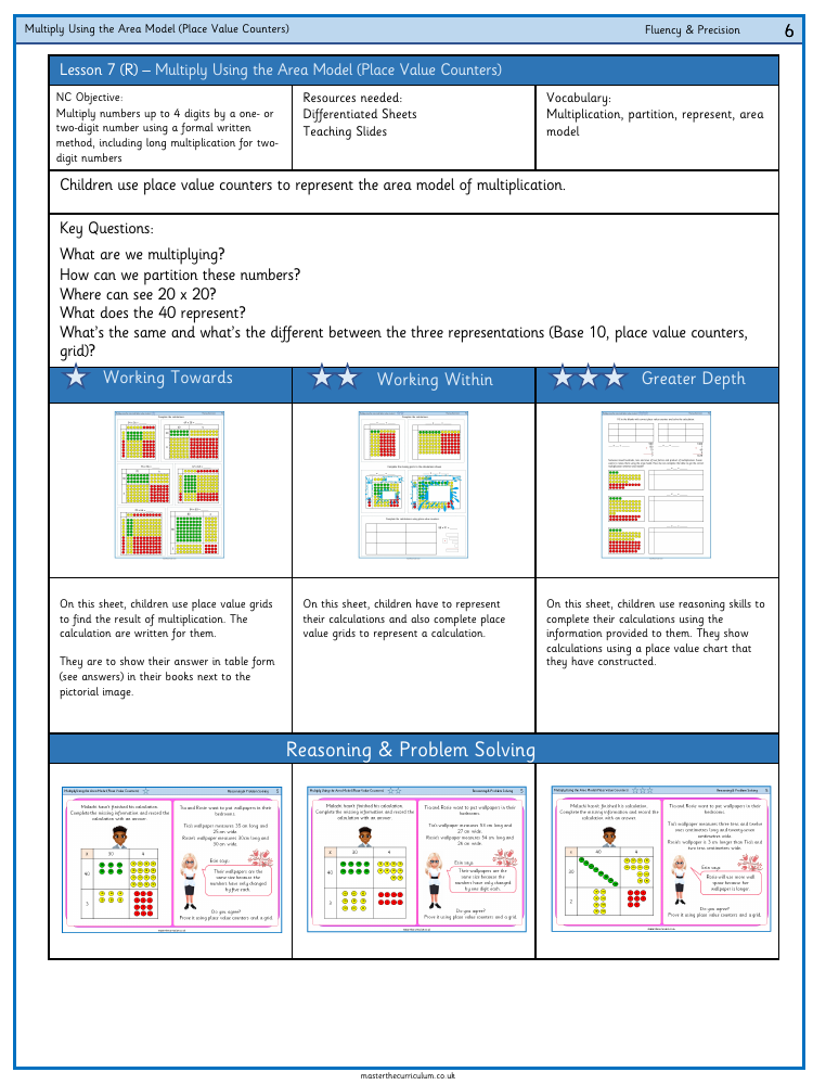 Addition, Subtraction, Multiplication and Division - Area model (PV counters) - Worksheet