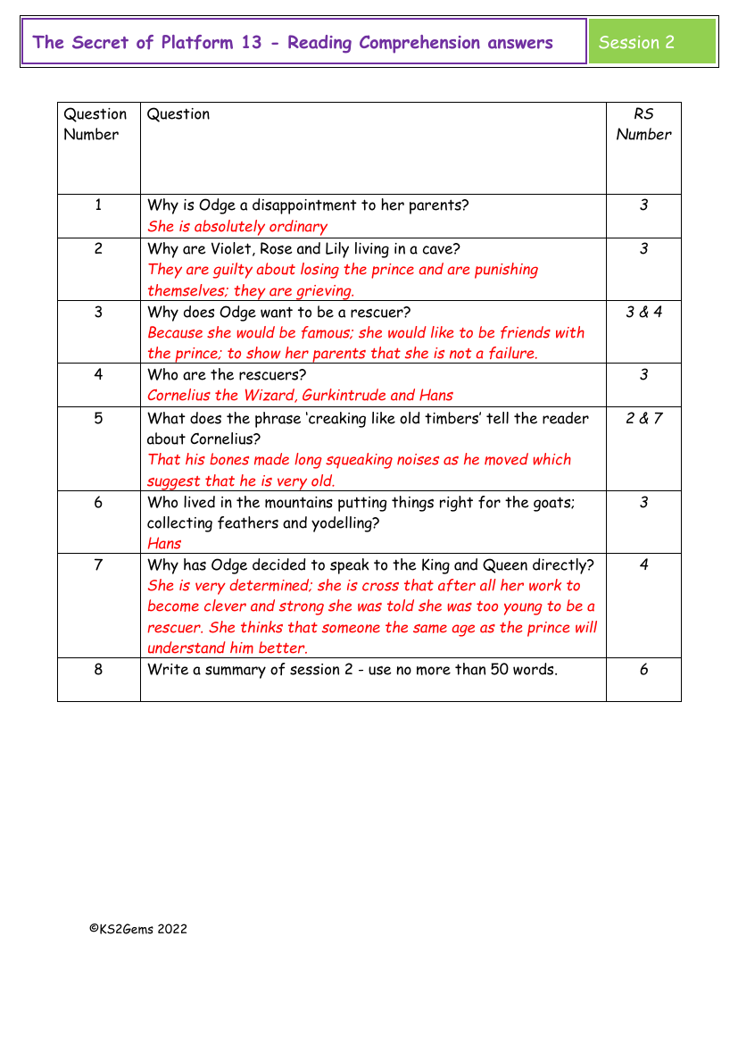 The Secret of Platform 13 - Session 2 - Reading Comprehension answers