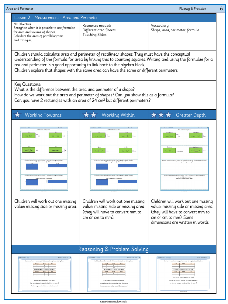 Perimeter, Area and Volume - Area and Perimeter - Worksheet