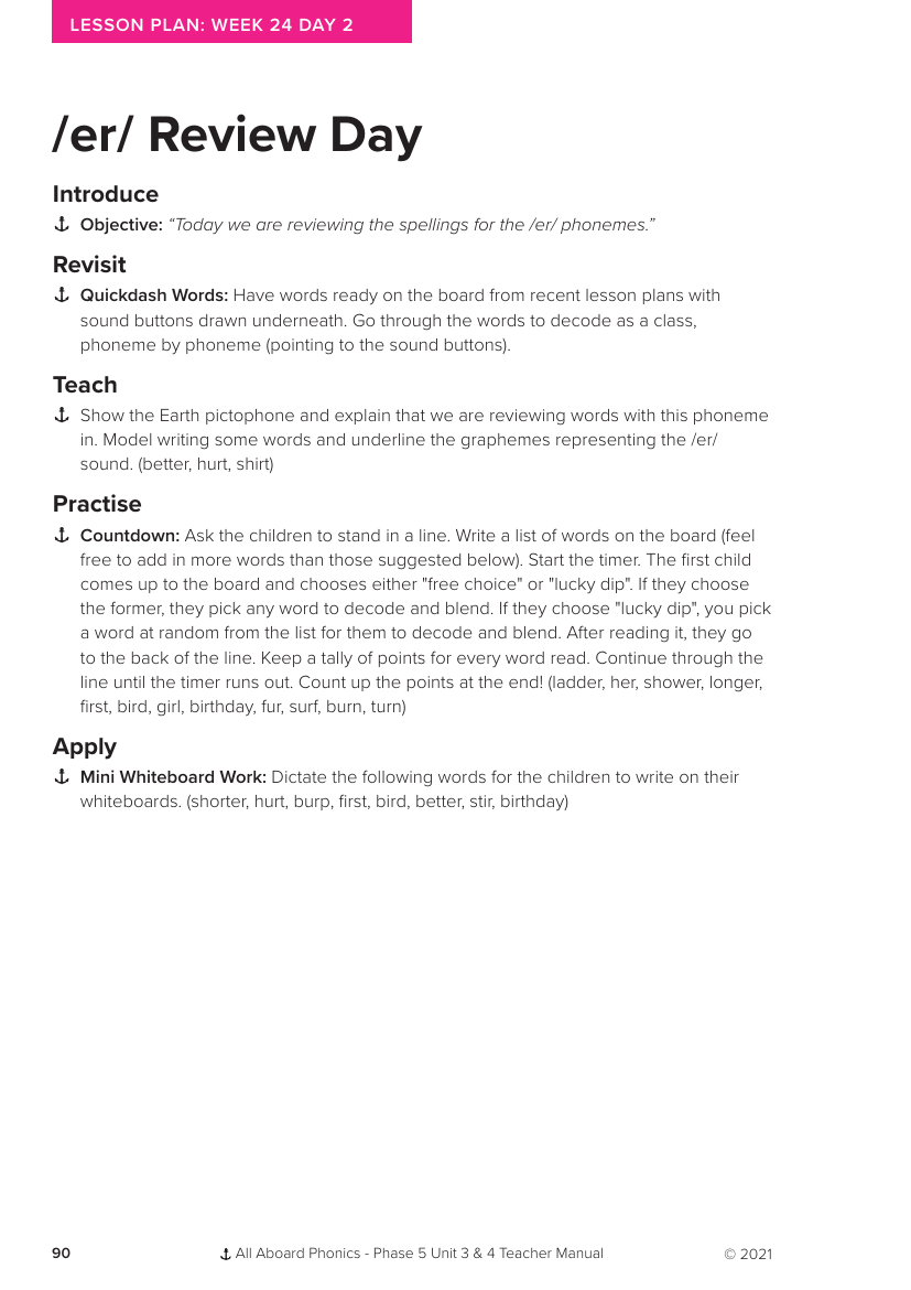 Week 24, lesson 2 Review Day "er" - Phonics Phase 5, unit 3 - Lesson plan