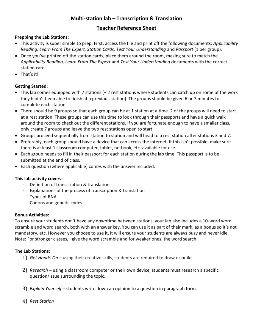 Transcription and Translation - Activity Instructions