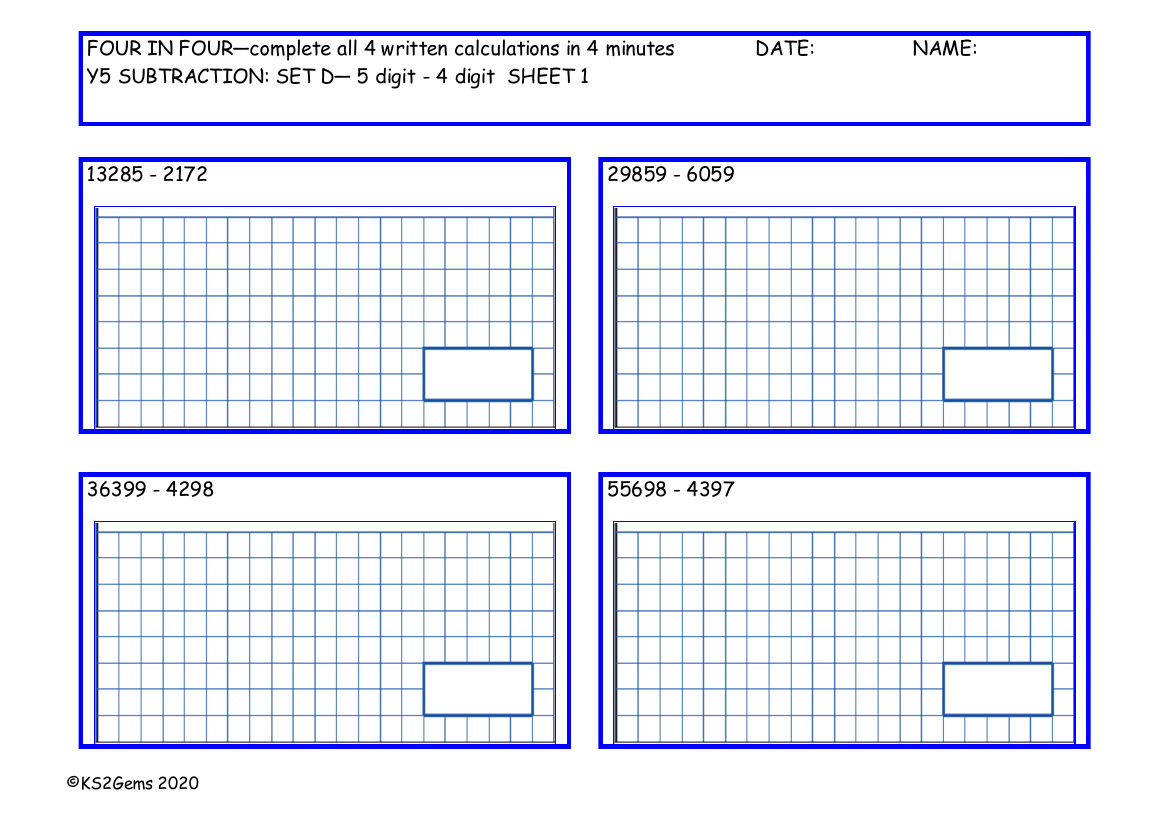 Four in Four Subtraction Set D- 5d - 4d no exchange