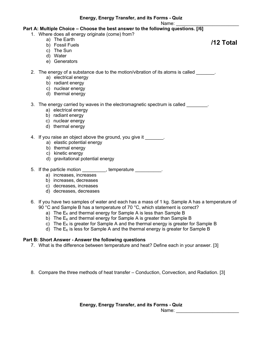 Energy, Energy Transfer, and its Forms - Quiz