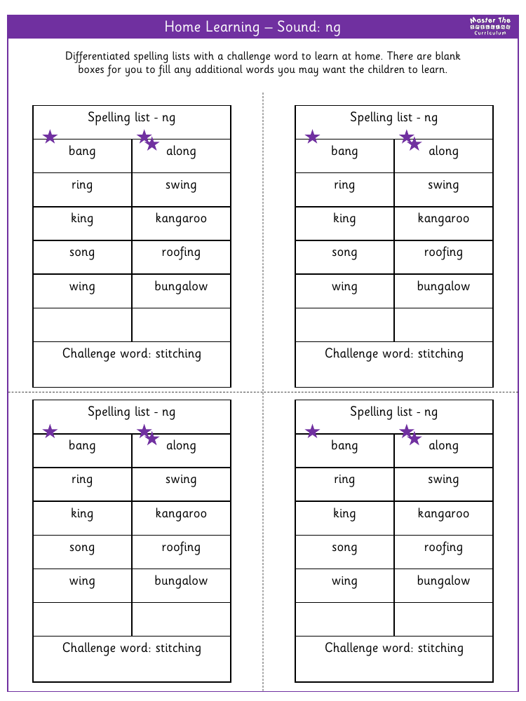 Spelling - Home learning - Sound ng
