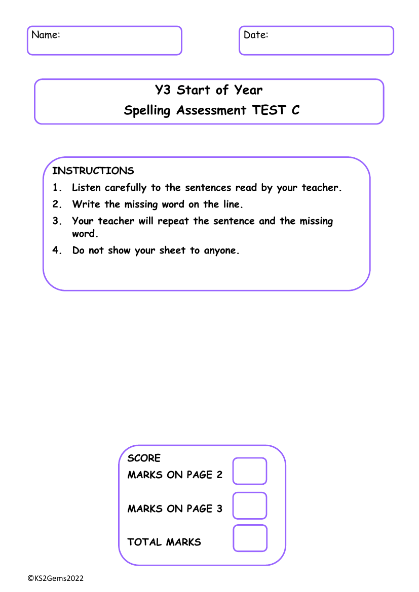 Start of Year Spelling Assessment Test C