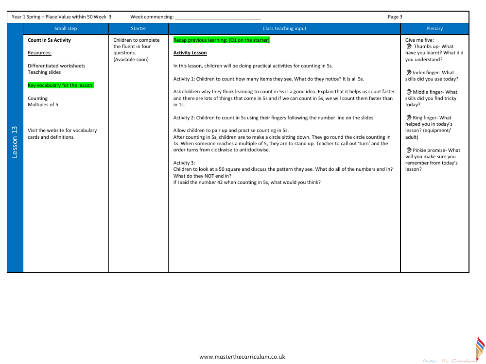 Place Value within 50 - Count in 5s - Planning