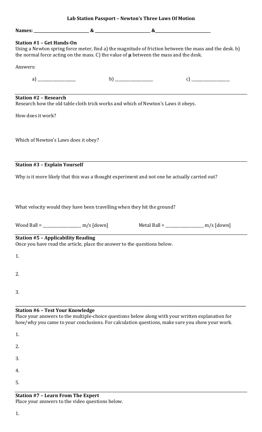 Newton's Three Laws of Motion - Lab Station Passport