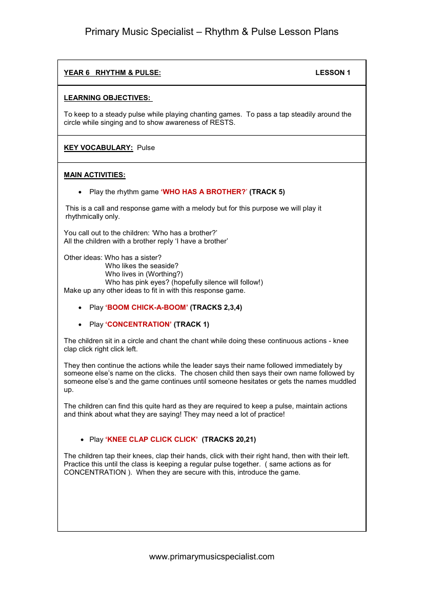 Rhythm and Pulse Lesson Plan - Year 6 Lesson 1