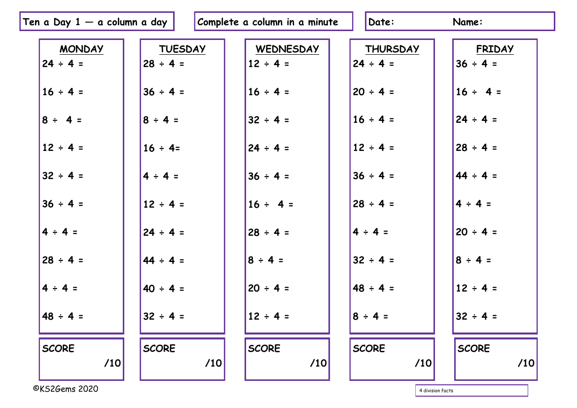 Ten a Day 4 Division Facts