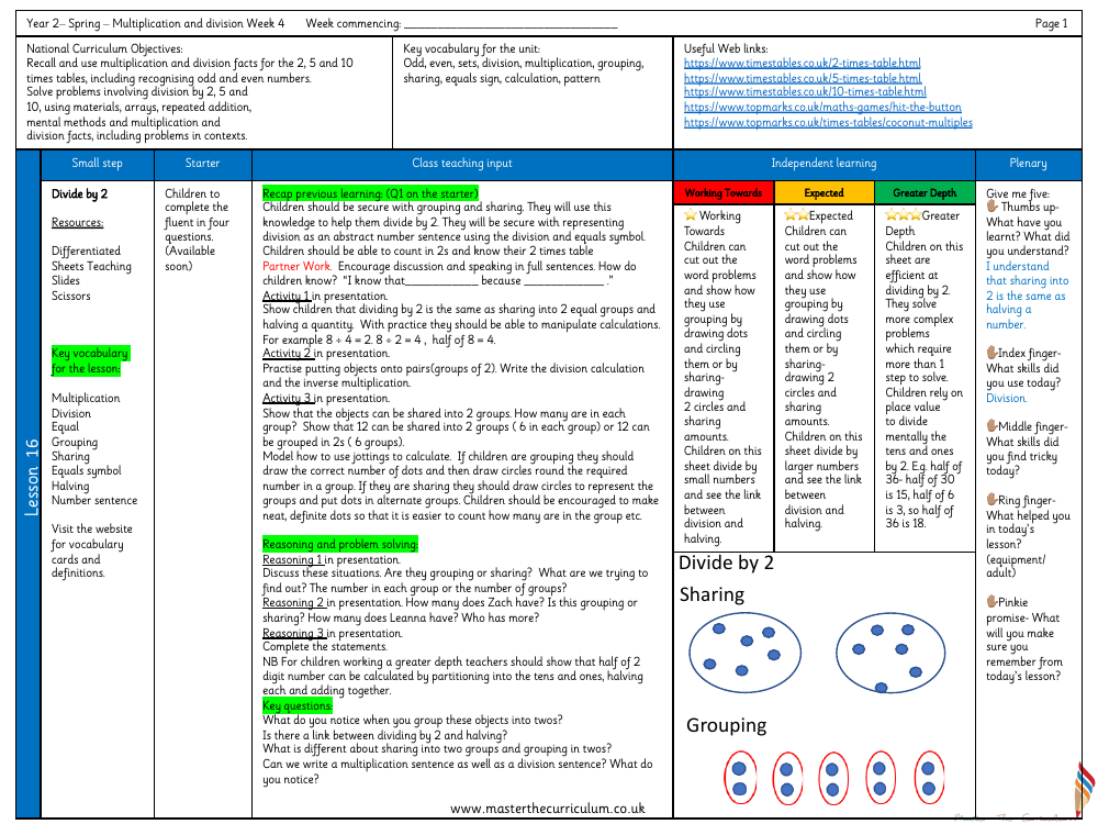 Multiplication and division - Divide by 2 - Planning