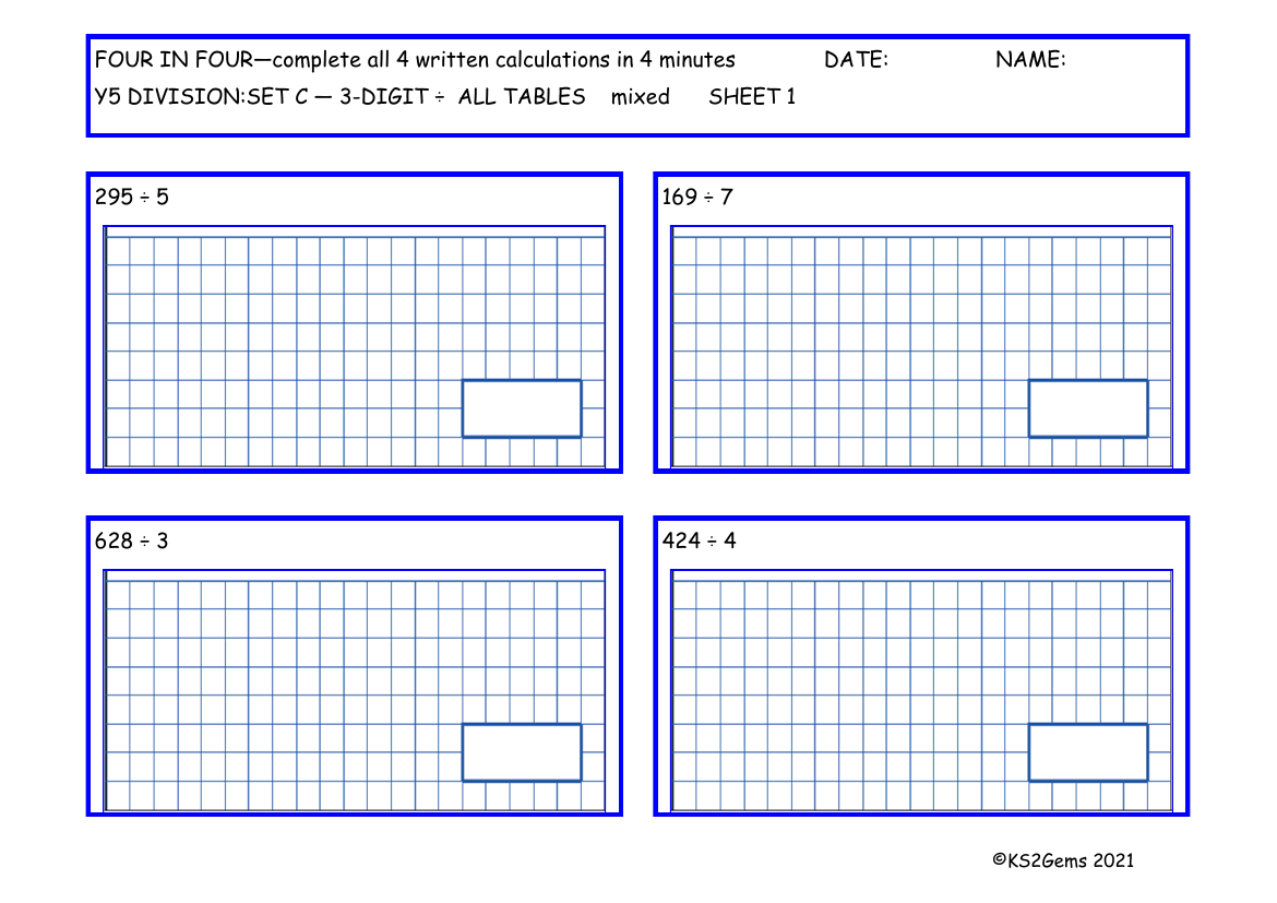 Four in Four Division Set C 3 digit number -  All Tables mixed