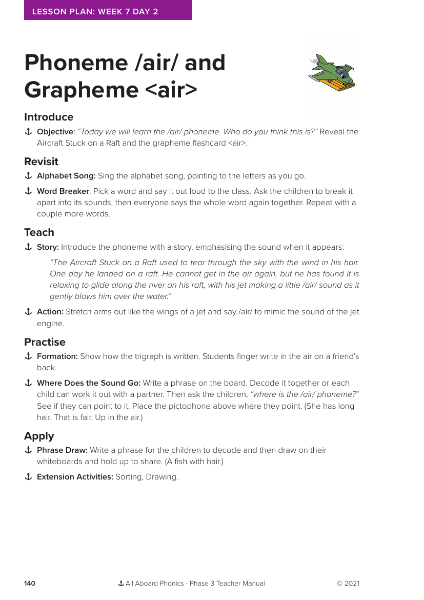 Week 7, lesson 2 Phoneme "air" and Grapheme "air" -  Phonics Phase 3 - Lesson plan