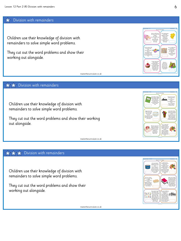 Addition, Subtraction, Multiplication and Division - Division with remainders (2) (Place value counters) - Worksheet