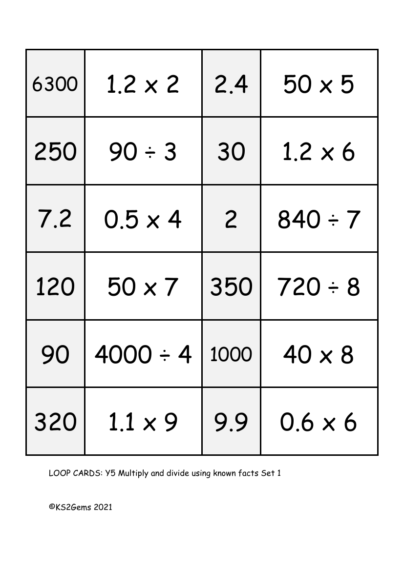 Loop Card Game - Multiply and divide using known facts Set 1