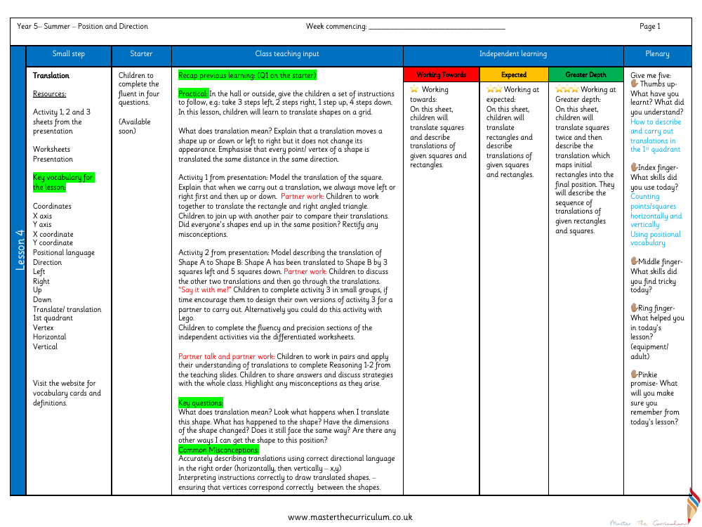 Position and Direction - Translation - Planning