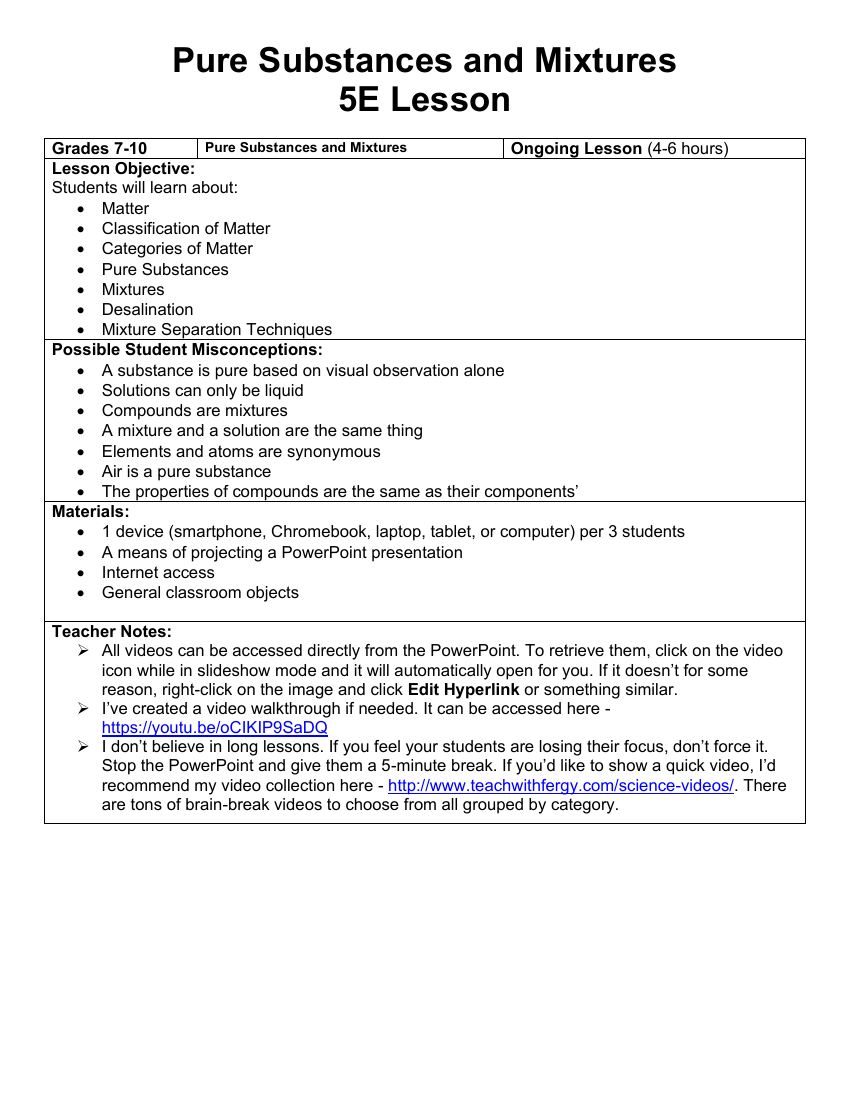 Pure Substances and Mixtures - Teaching Timeline