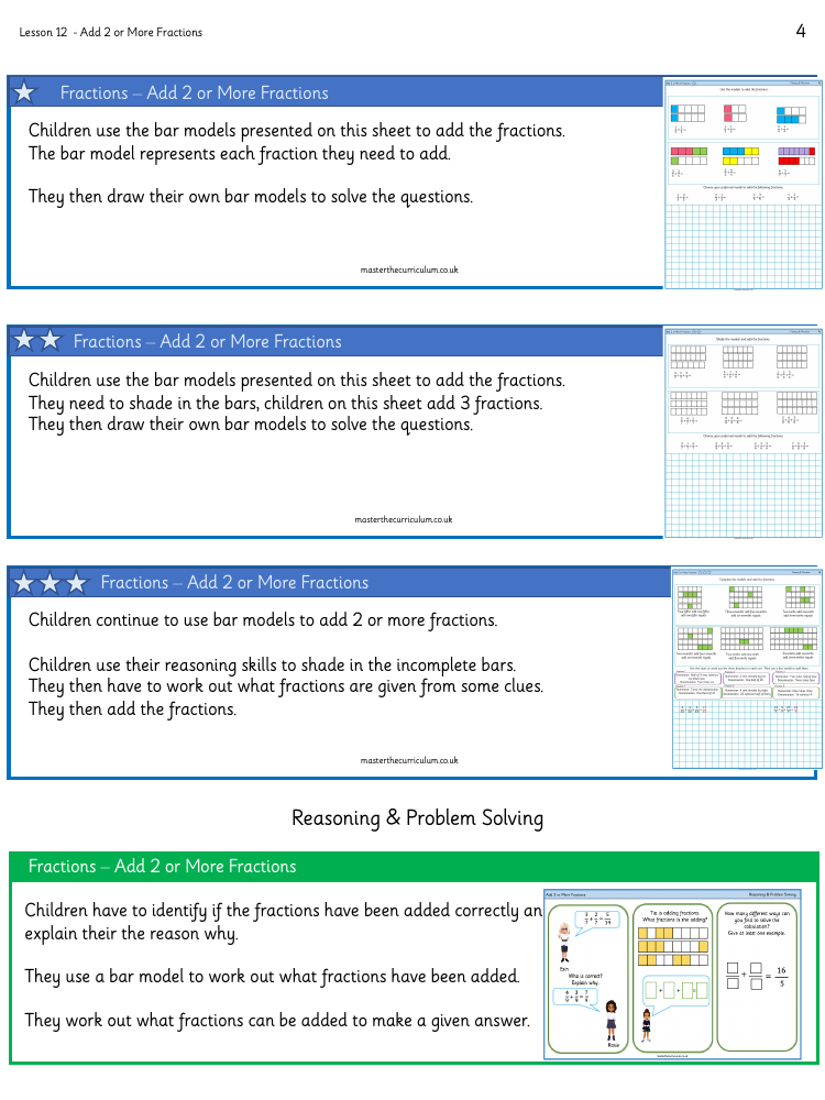 Fractions - Add 2 or more fractions (Using Models) - Worksheet