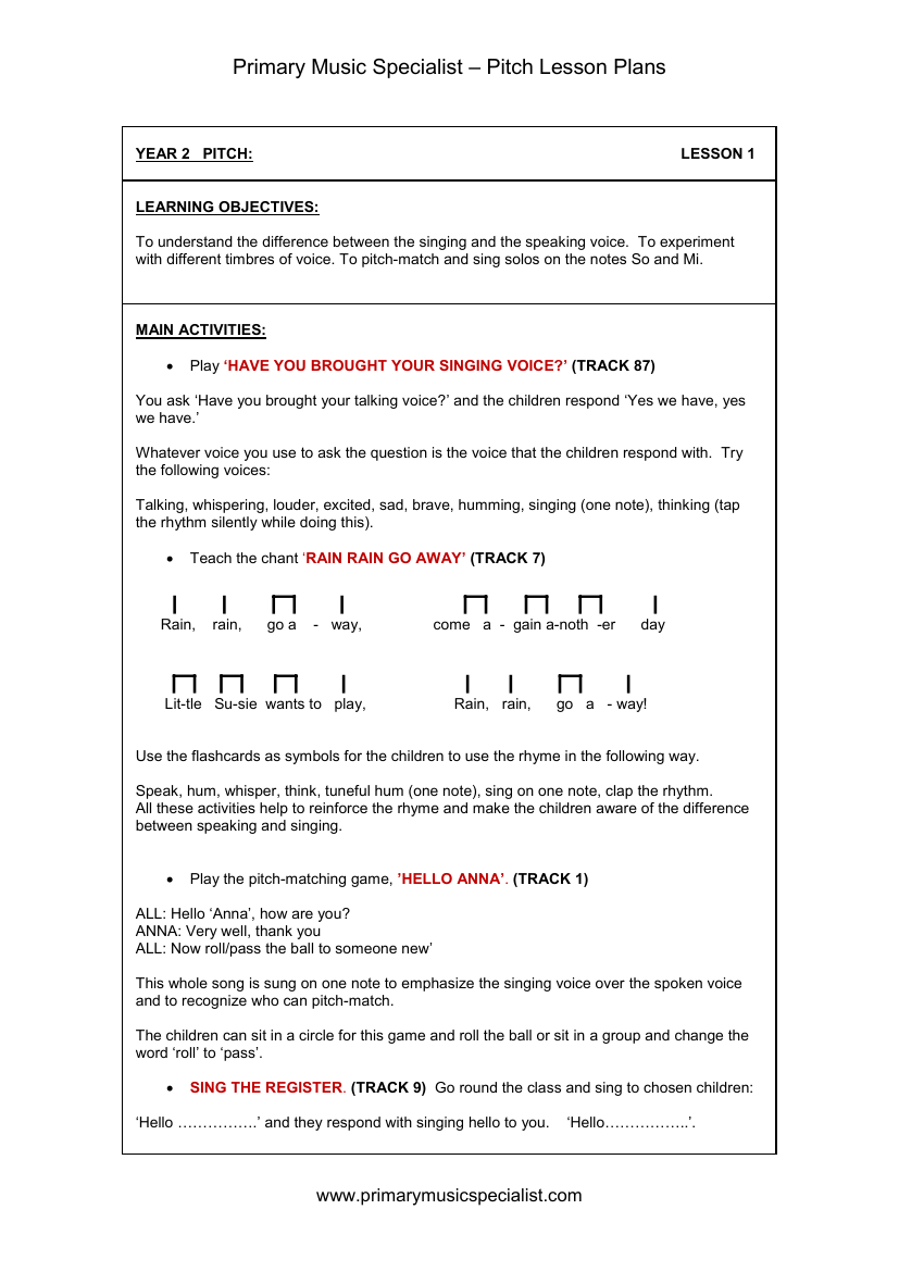 Pitch Lesson Plan - Year 2 Lesson 1