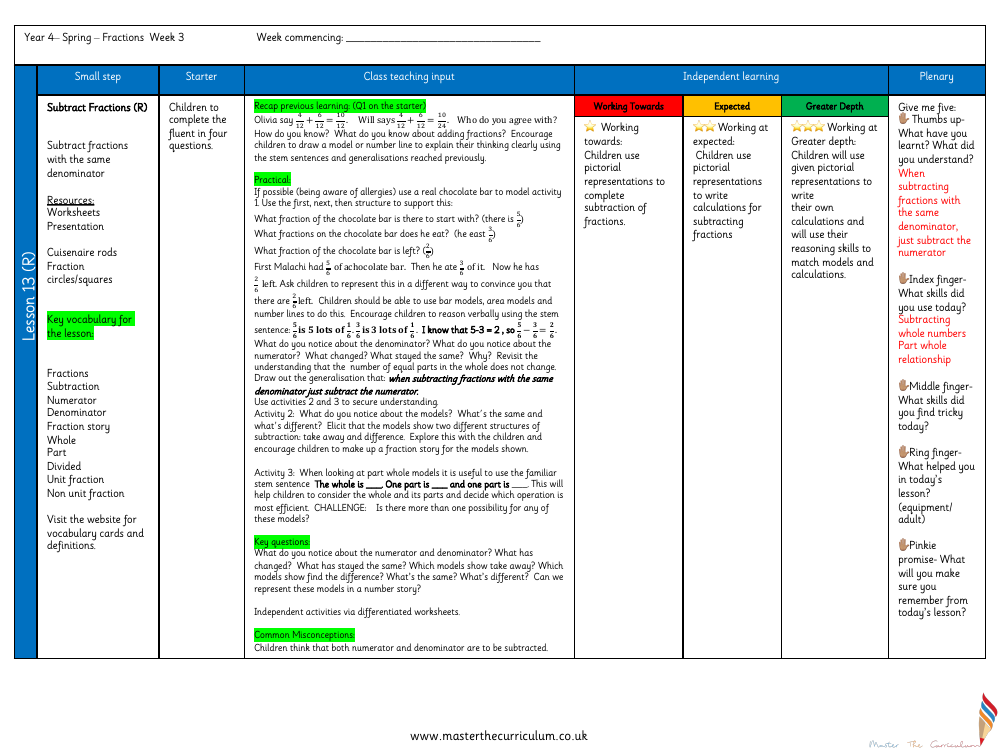 Fractions - Subtract fractions - Planning