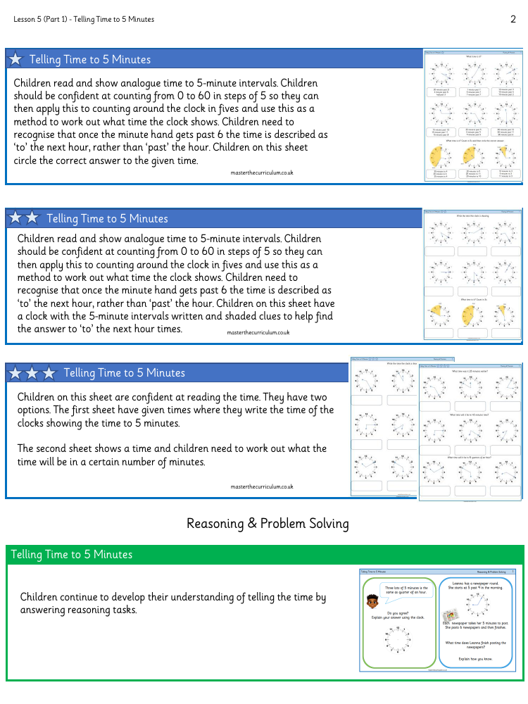 Time - Telling time to 5 minutes - Worksheet