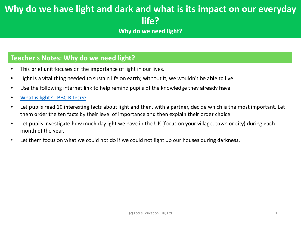 Why do we need light? - Teacher notes