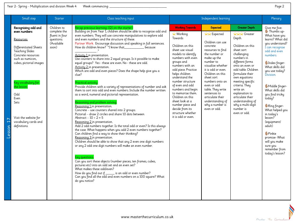 Multiplication and division - Odd and even numbers - Planning