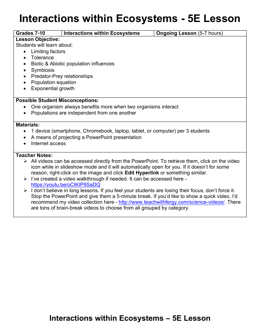 Interactions Within Ecosystems - Teaching Timeline