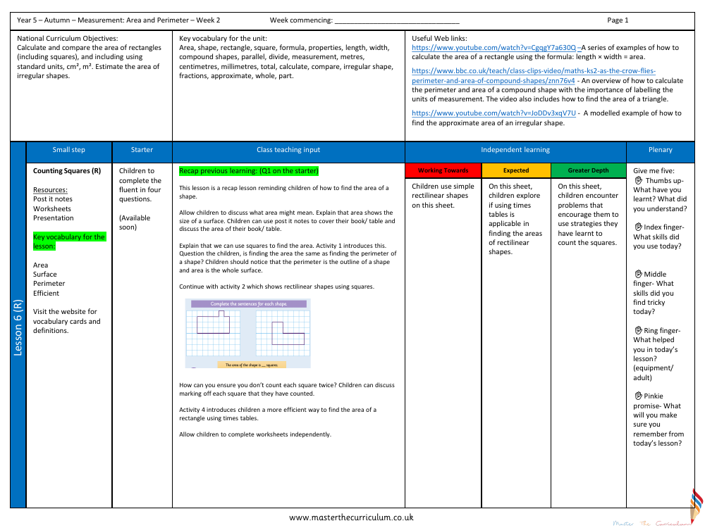 Perimeter and Area - Counting Squares - Planning