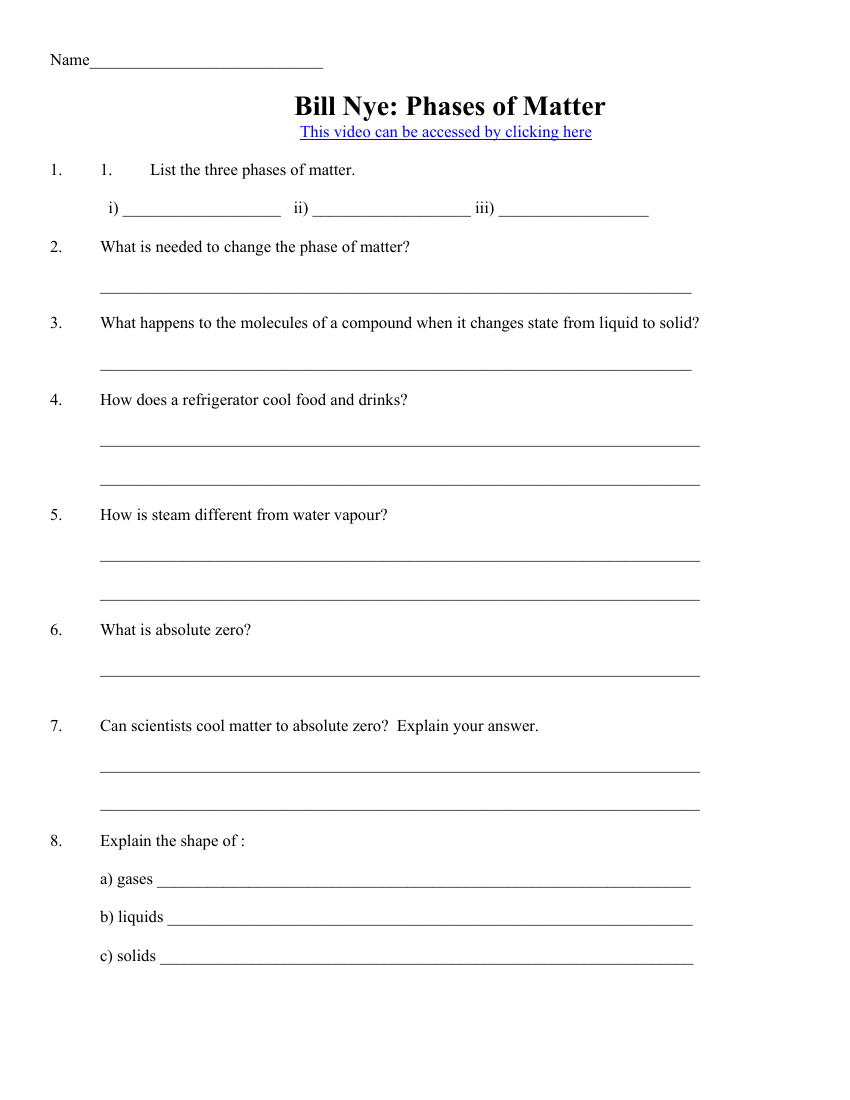 Bill Nye Phases of Matter Worksheet Pango