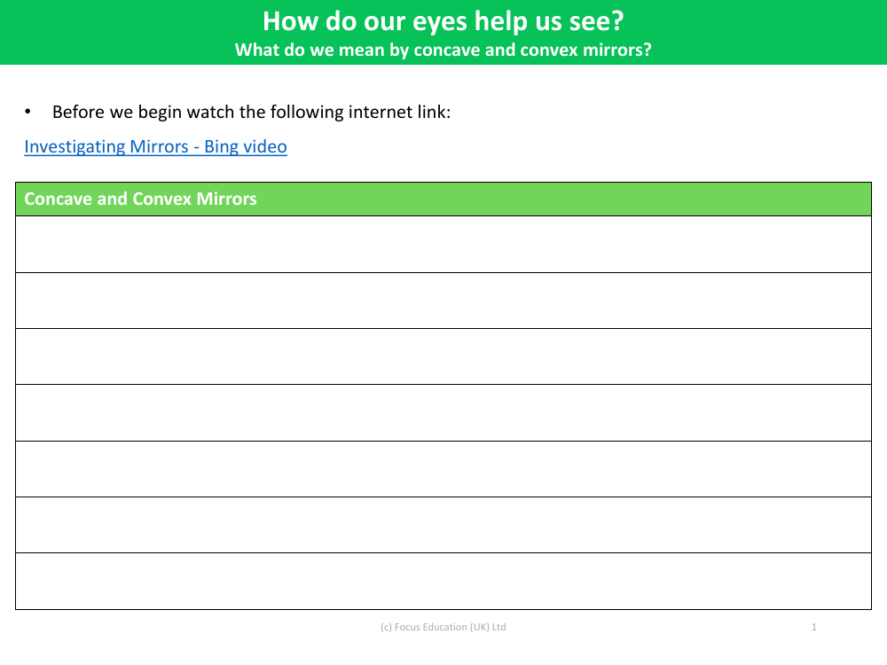 Concave and Convex Mirrors - Worksheet - Year 6