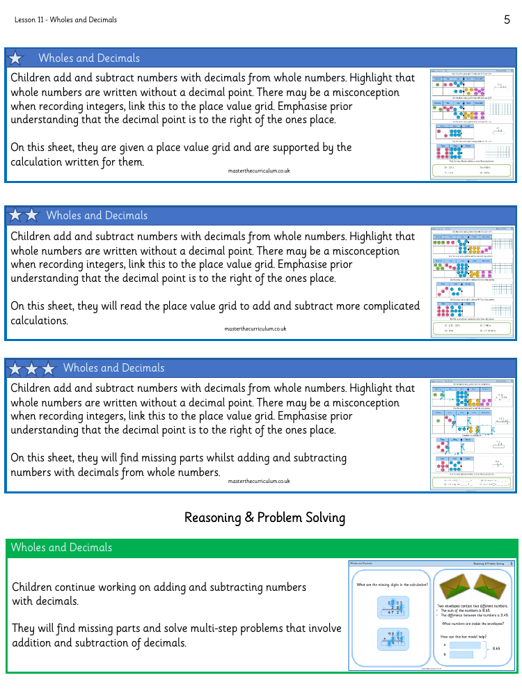 Decimals - Adding and Subtracting Wholes and Decimals - Worksheet