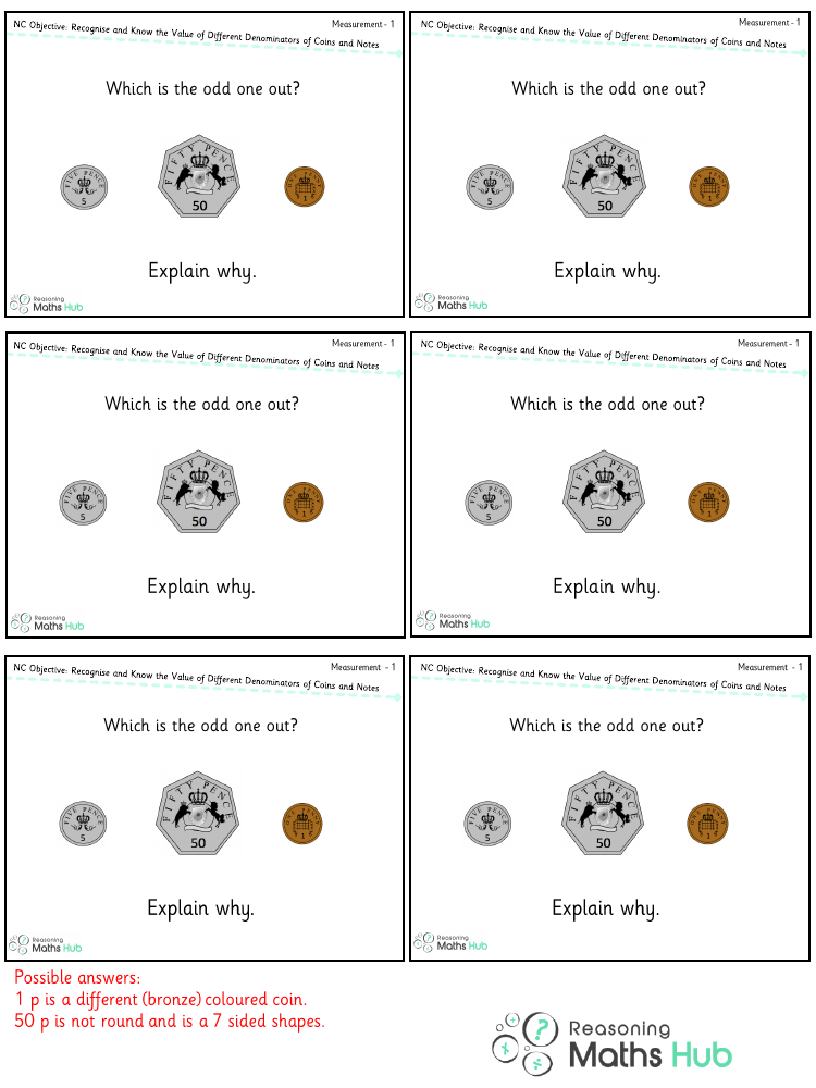 Recognise and know the value of different denominators of coins and notes 1 - Reasoning